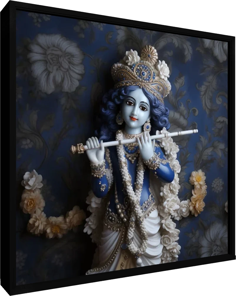 A serene blue-skinned idol of Lord Krishna holding a white flute, adorned with white flowers and a golden crown against a dark blue floral background. — floater frame preview | PrintPosters.in